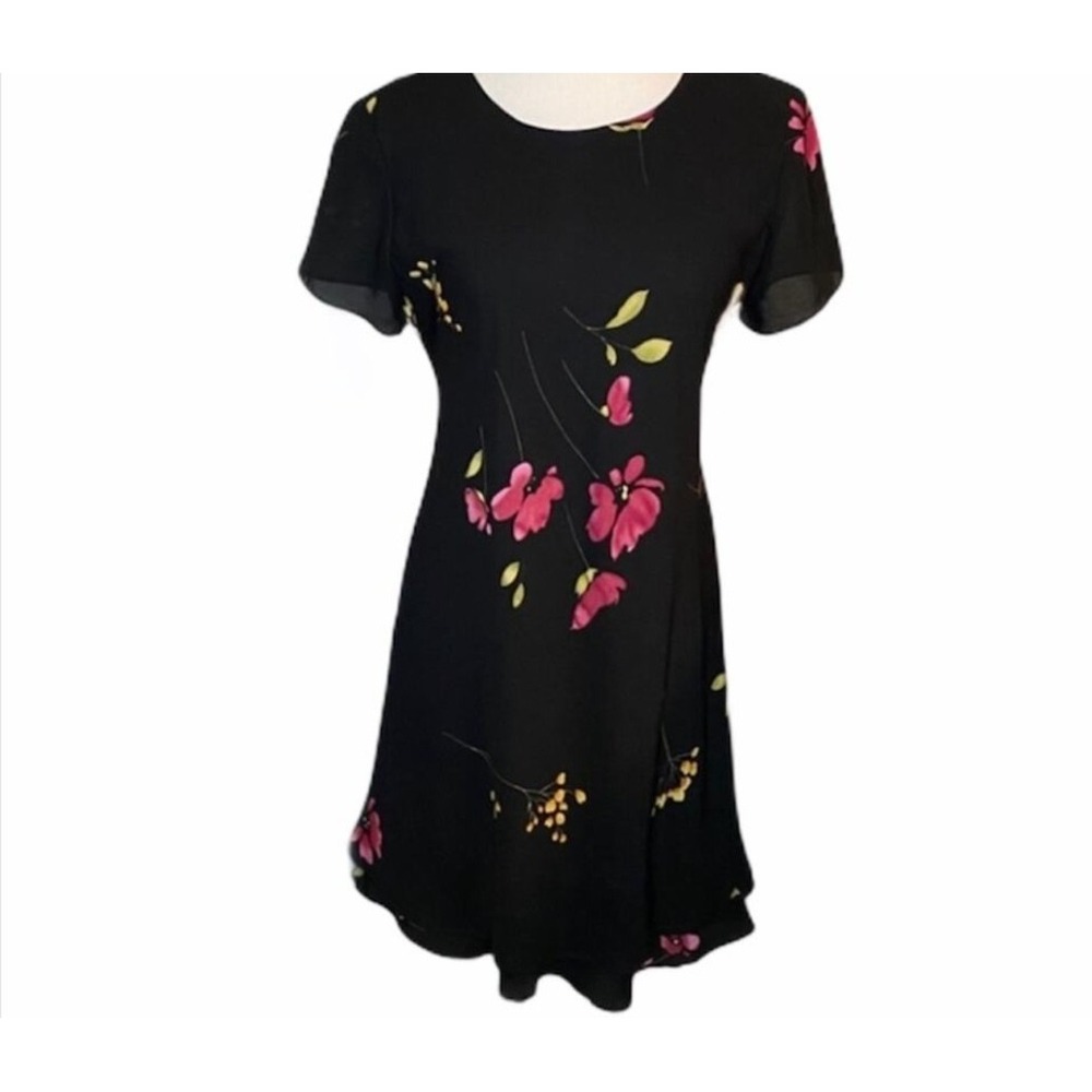 Jessica Howard Black Floral‎ Dress Size 6 Sheer Sleeve Fit & Flare Y2K 90s
